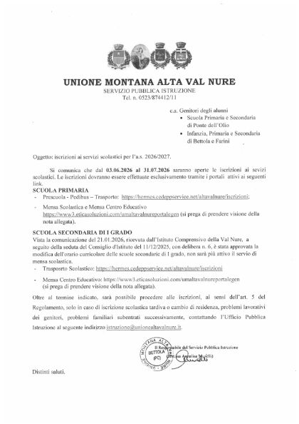 iscrizione ai servizi scolastici per l'a.s. 2026/2027